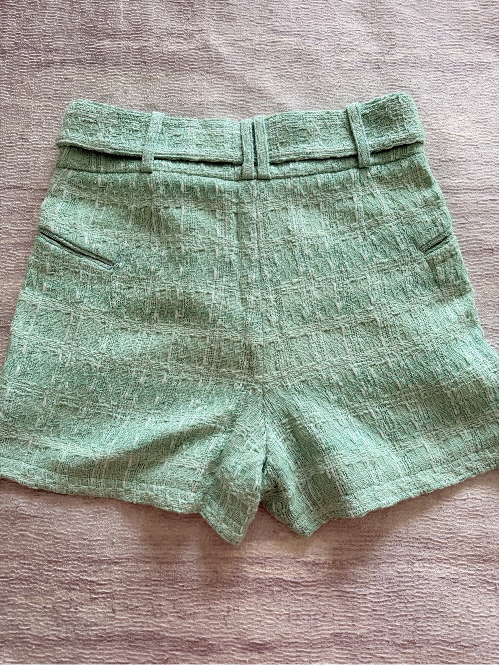IRO Mint Green Glitter Tweed High-Waist Textured Shorts with Waist Tie, Size 36 - Picture 7 of 10
